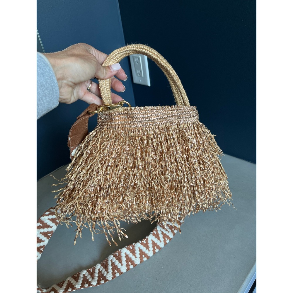 ViaMailBag Italy Rose Gold Glitter Fringe Straw Bucket Bag Boho Summer Festival - Picture 11 of 16